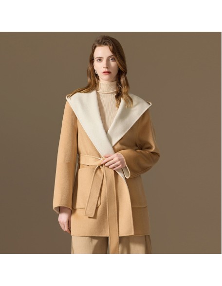 Cashmere coat female short section of autumn and winter new double-sided wear two-color senior sense of hooded tweed jacket