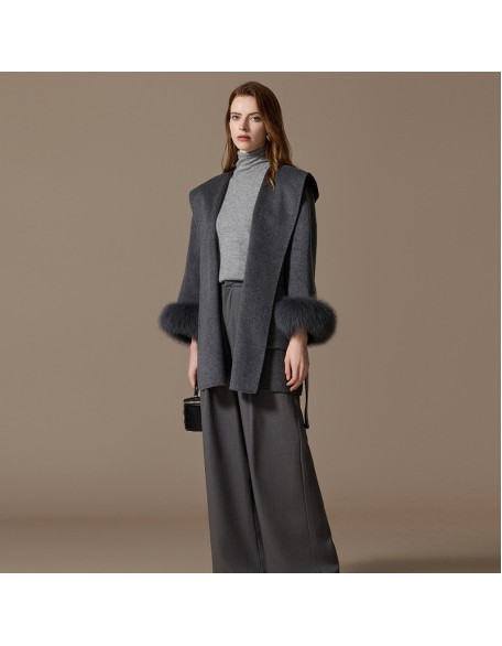 Cashmere coat female short hat fall and winter new cuffs loose hooded tweed jacket