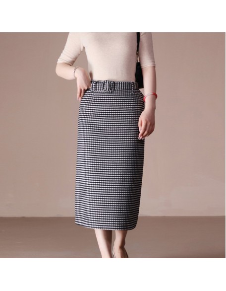 Camel velvet kilobird check half-body skirt women mid-length A-line skirt thin soft and simple peplum long skirt