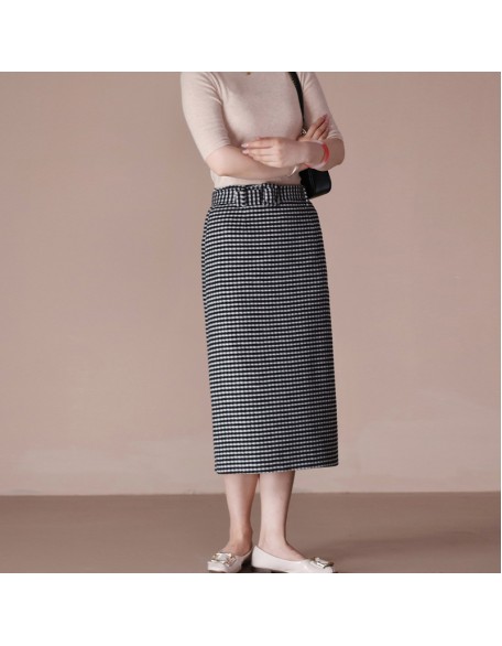 Camel velvet kilobird check half-body skirt women mid-length A-line skirt thin soft and simple peplum long skirt