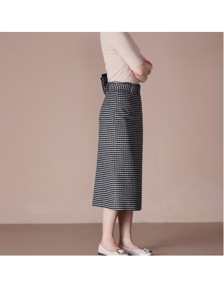 Camel velvet kilobird check half-body skirt women mid-length A-line skirt thin soft and simple peplum long skirt