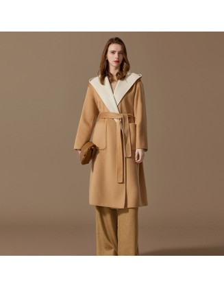 Camel velvet long coat women winter thickened section warm straight shoulder tweed jacket