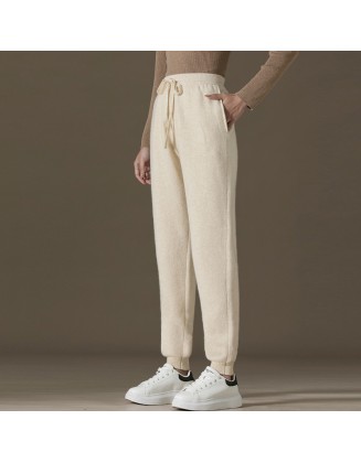 Cashmere casual pants women versatile casual elastic waist drawstring knitted cashmere pants