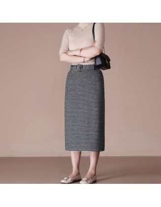 Camel velvet kilobird check half-body skirt women mid-length A-line skirt thin soft and simple peplum long skirt